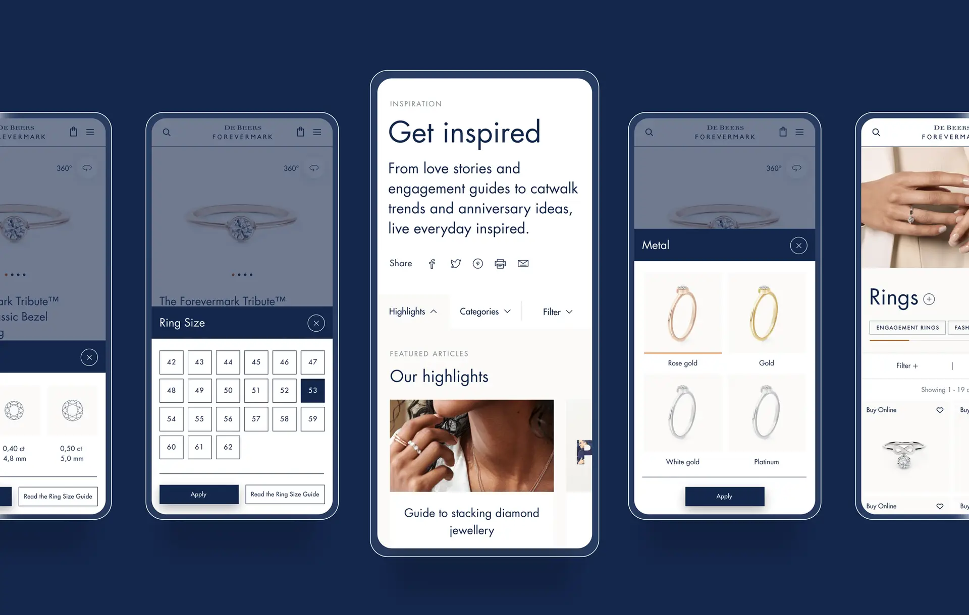 Ecommerce DeBeers Forevermark Diamond rings mobile design UI